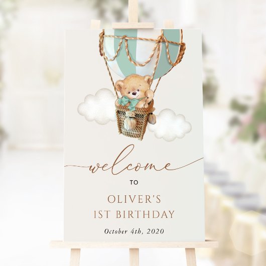 Teddy Bear, Grüner Ballon, Erster Geburtstag Willk Poster