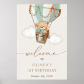 Teddy Bear, Grüner Ballon, Erster Geburtstag Willk Poster (Vorne)