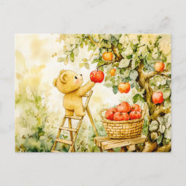 Teddy Bear Harvesting Apples with Ladder Postkarte
