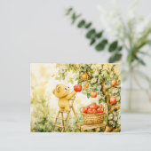 Teddy Bear Harvesting Apples with Ladder Postkarte (Stehend Vorderseite)