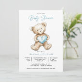 Teddy Bear Heart Boy Blue Baby Shower Einladung (Stehend Vorderseite)