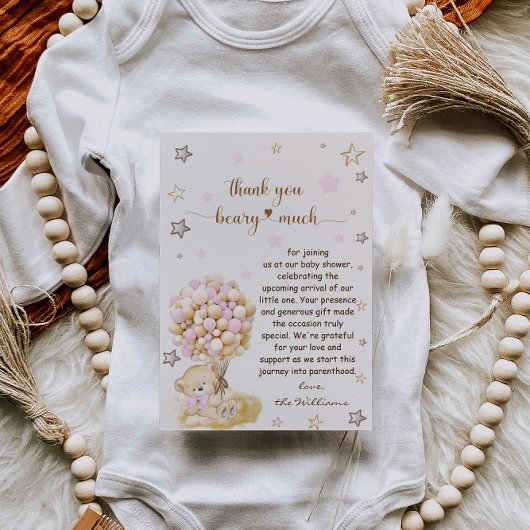 Teddy Bear Holding Pink Balloons Babydusche Dankeskarte