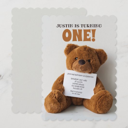 Teddy Bear Holding Sign Einladung (Vorne/Hinten)