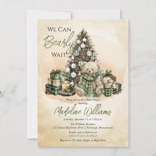 Teddy Bear Holiday We Can Bearly Wait Baby Shower Einladung (Vorderseite)