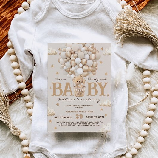 Teddy Bear Hot Air Ballon Baby Dusche Gold Tan Einladung