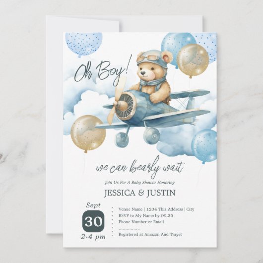 Teddy Bear Hot Air Ballon Babydusche Einladung (Vorderseite)