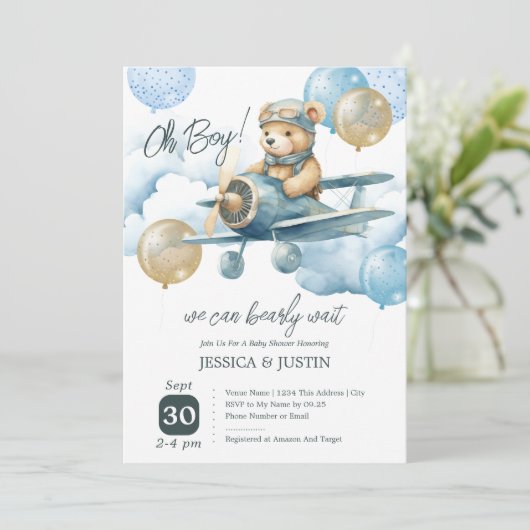 Teddy Bear Hot Air Ballon Babydusche Einladung (Stehend Vorderseite)
