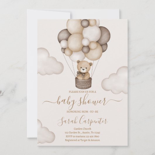 Teddy Bear Hot Air Ballon Babydusche Einladung (Vorderseite)