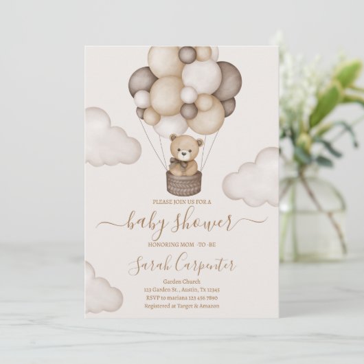 Teddy Bear Hot Air Ballon Babydusche Einladung (Stehend Vorderseite)
