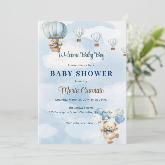 Teddy Bear Hot Air Ballon Babydusche Einladung (Stehend Vorderseite)