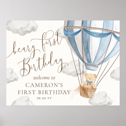 Teddy Bear Hot Air Ballon Bary First Birthday Poster (Vorne)