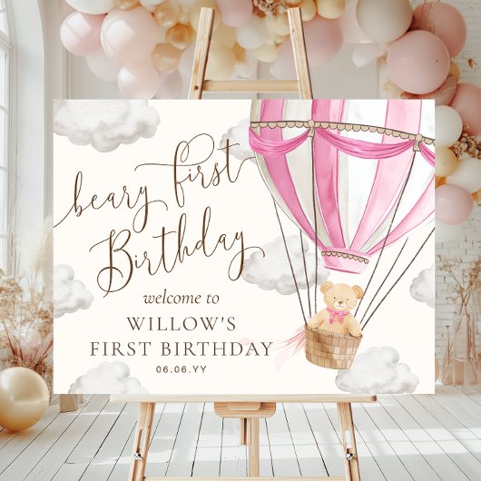 Teddy Bear Hot Air Ballon Bary First Birthday Poster