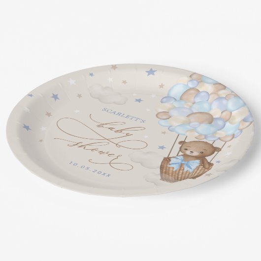 Teddy Bear Hot Air Ballon Blue Brown Babydusche Pappteller (Schrägansicht)