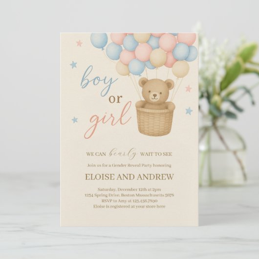 Teddy Bear Hot Air Ballon Gender Reveal Einladung (Stehend Vorderseite)