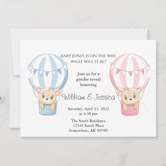 Teddy Bear Hot Air Ballon Gender Reveal Einladung (Vorderseite)