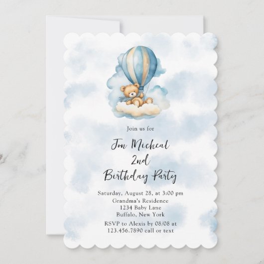Teddy Bear Hot Air Ballon Junge jedes Alter Geburt Einladung (Vorderseite)