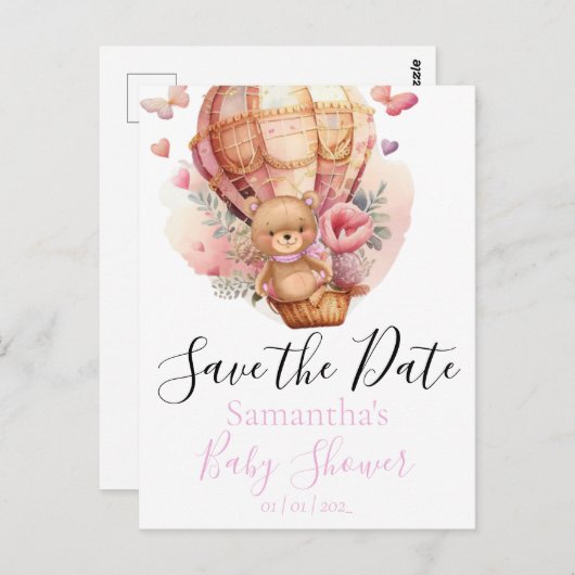 Teddy Bear Hot Air Ballon Weiß Datum Postkarte (Vorne/Hinten)