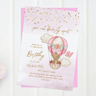Teddy Bear Hot Air Balloon Baby Girl 1. Geburtstag Einladung