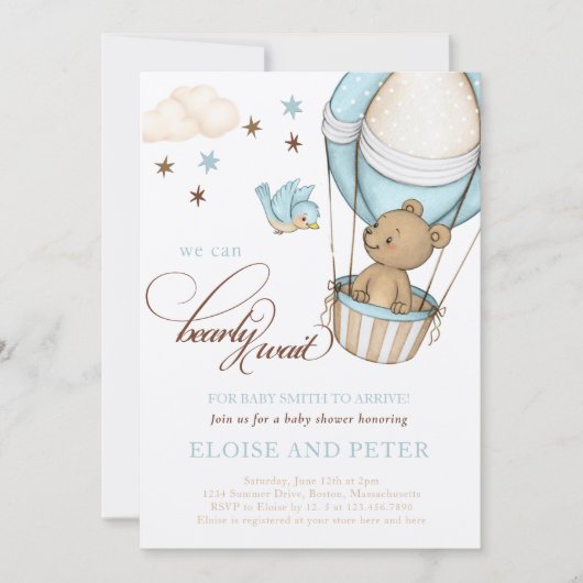 Teddy Bear Hot Balloon Boy Bearly Wait Baby Dusche Einladung (Vorderseite)