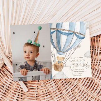 Teddy Bear Hot Hair Ballon Erster Geburtstag Foto Einladung