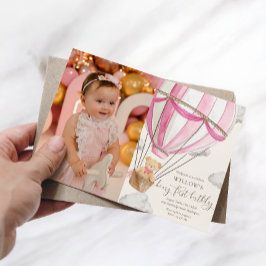 Teddy Bear Hot Hair Ballon Erster Geburtstag Foto Einladung