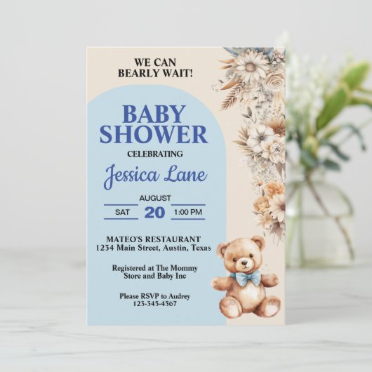 Teddy Bear Hübsch Rustikale Blume Kinderdusche Einladung (Stehend Vorderseite)