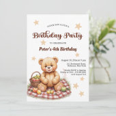 Teddy Bear im 4. Geburtstag Party Picnic Einladung (Stehend Vorderseite)