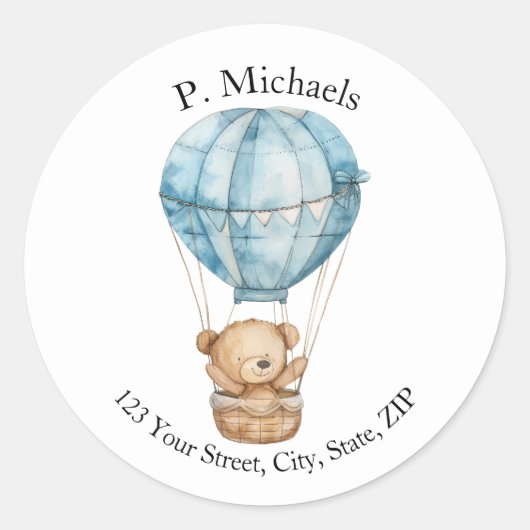 Teddy Bear in Air Balloon Round-Address-Label Runder Aufkleber (Vorderseite)