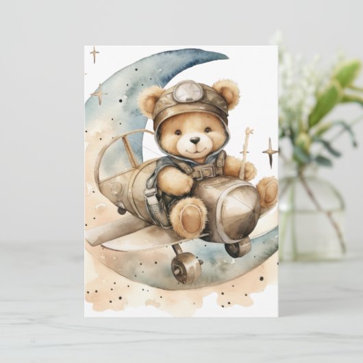 Teddy Bear in Airplane Geburtsankündigung (Stehend Vorderseite)