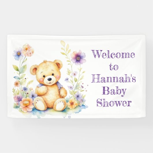 Teddy Bear in Blume Girl's Baby Shower Banner (Horizontal)