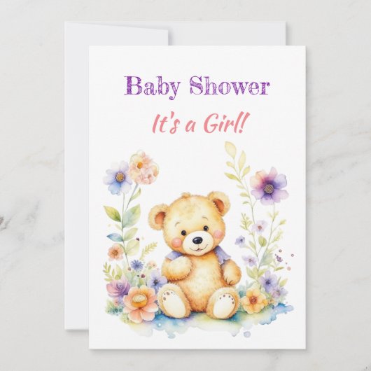 Teddy Bear in Blume Girl's Baby Shower Einladung (Vorderseite)