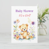 Teddy Bear in Blume Girl's Baby Shower Einladung (Stehend Vorderseite)