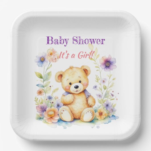 Teddy Bear in Blume Girl's Baby Shower Pappteller (Vorderseite)