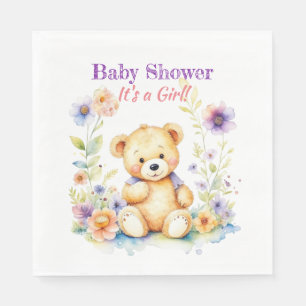 Teddy Bear in Blume Girl's Baby Shower Serviette