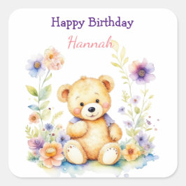 Teddy Bear in Blume Girls Geburtstagsparty Quadratischer Aufkleber