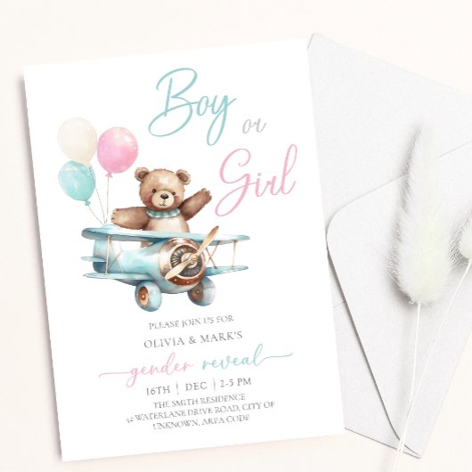Teddy Bear in Flugzeug Baby Gender Reveal Einladung
