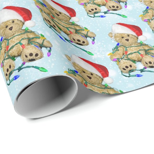 Teddy Bear in getrübten Weihnachtsbeleuchtung Geschenkpapier (Rolleneckpunkt)