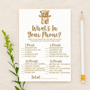Teddy Bear in Ihrem Telefon Baby Dusche Spiel Briefpapier