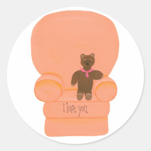 Teddy Bear in Peach Chair, ich Liebe Sie, Aufklebe Runder Aufkleber