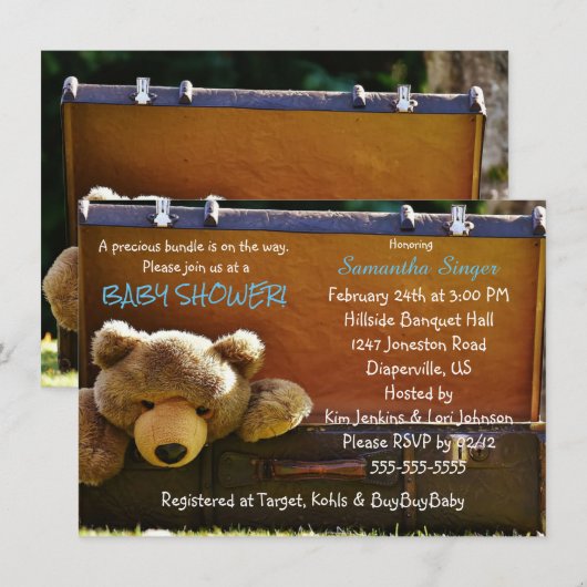 Teddy Bear in Suitcase Kinderdusche Einladung (Vorne/Hinten)