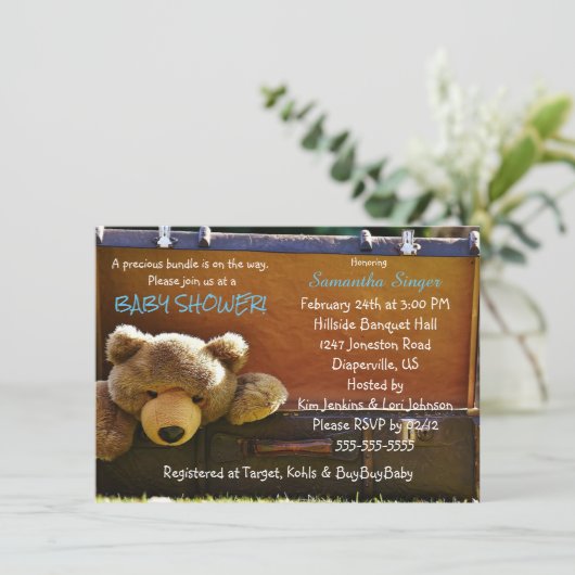 Teddy Bear in Suitcase Kinderdusche Einladung (Stehend Vorderseite)