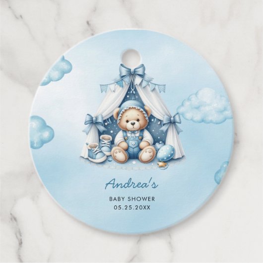 Teddy Bear in Zelt Baby Dusche Geschenkanhänger (Vorderseite)