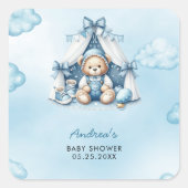 Teddy Bear in Zelt Baby Dusche Quadratischer Aufkleber (Vorderseite)