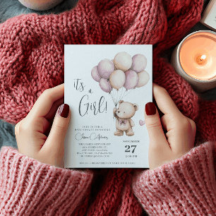 Teddy Bear It a Girl Lila Beige Balloons Einladung