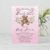 Teddy Bear kann frühzeitig abwarten Pink Girl Baby Einladung (Stehend Vorderseite)