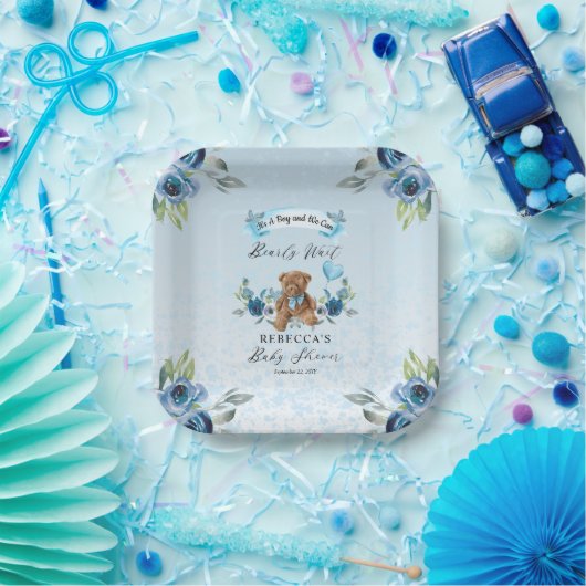 Teddy Bear kann frühzeitig Blue Boy Baby Dusche wa Pappteller (Party)