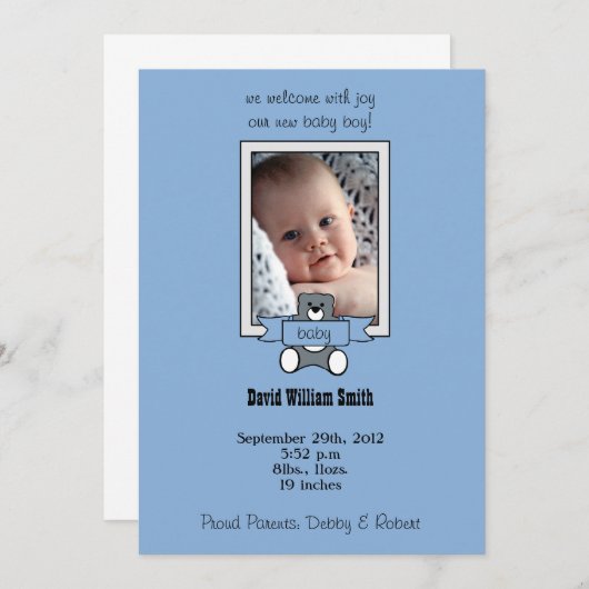 Teddy Bear - Karten für die Geburtsankündigung von (Vorne/Hinten)