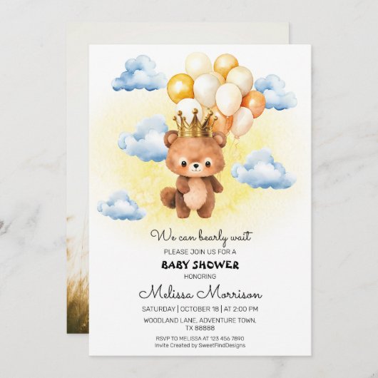 Teddy Bear King Baby Boy Dusche Einladung (Vorne/Hinten)