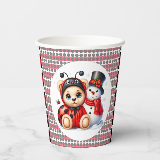 Teddy Bear Ladybug mit Snowman Baby Dusche Pappbecher (Rückseite)