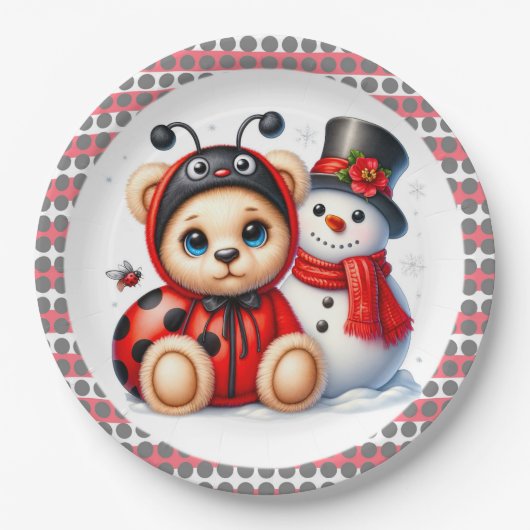 Teddy Bear Ladybug mit Snowman Baby Dusche Pappteller (Vorderseite)